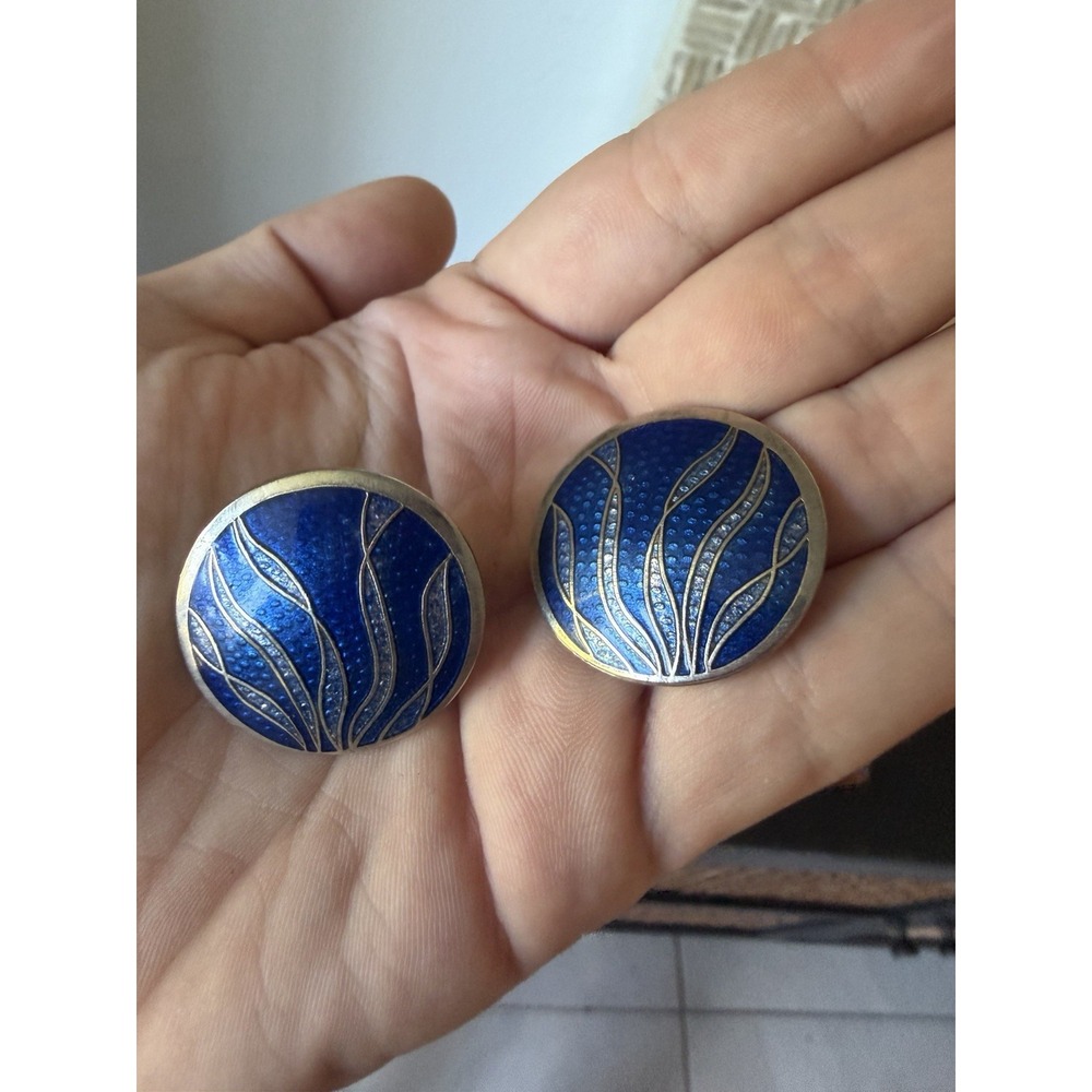 Vintage ILIS Cloisonné Earrings Blue Enamel Silver Tone Round Statement Earrings